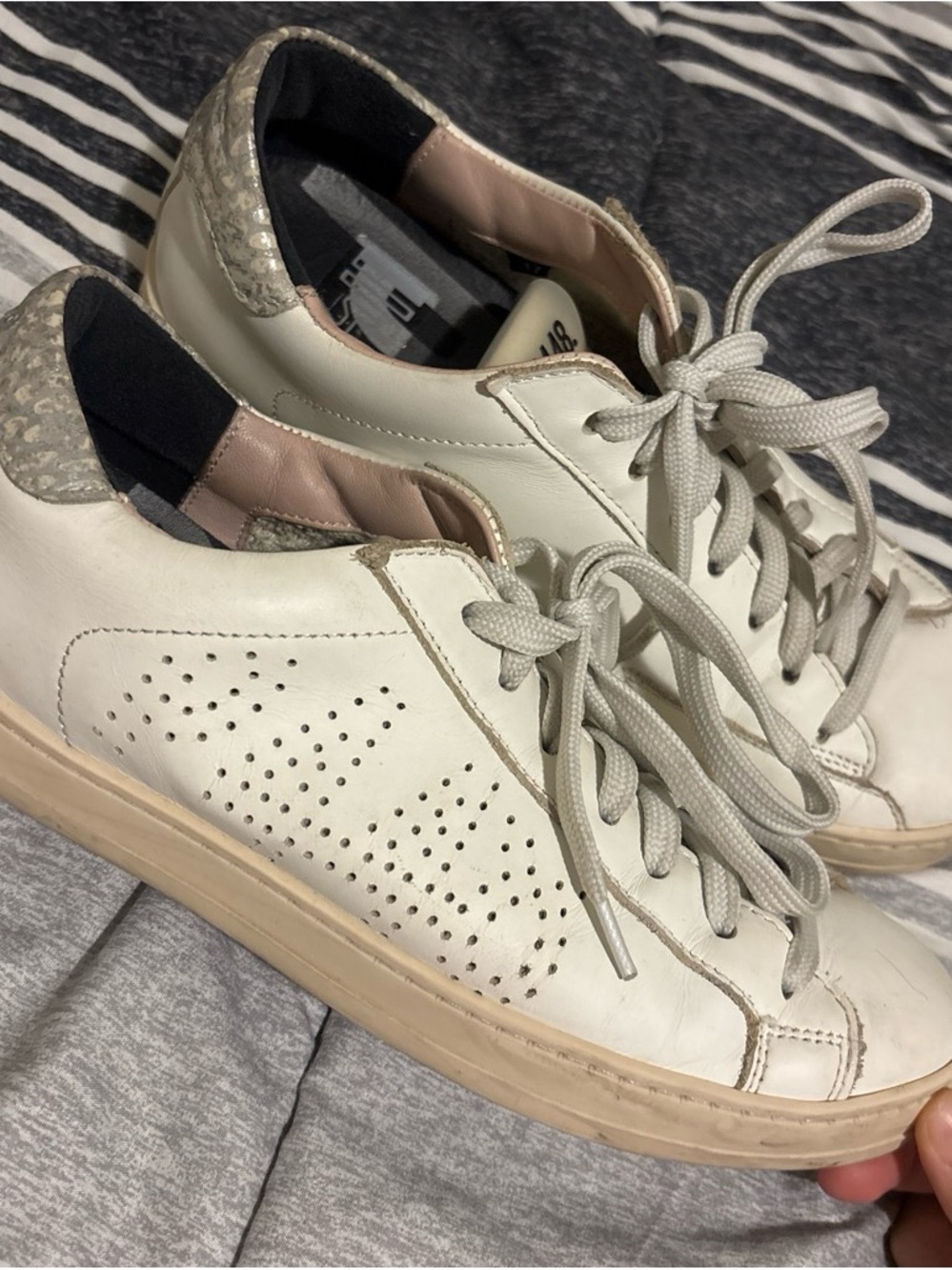 P448 White and Beige Leather Sneakers with Perforated Side